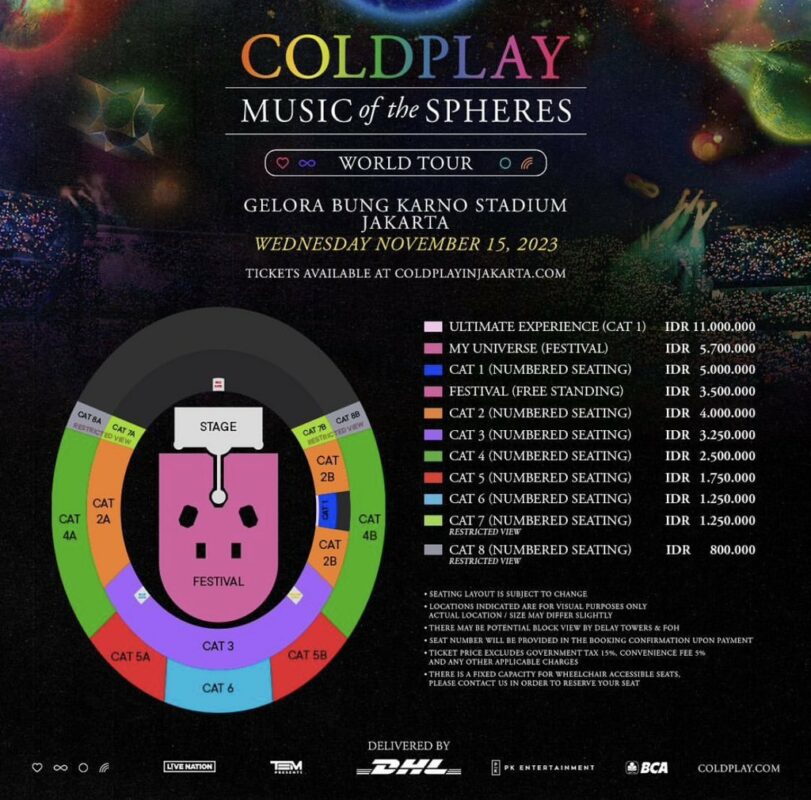 Seating Plan dan Harga Tiket Konser Coldplay